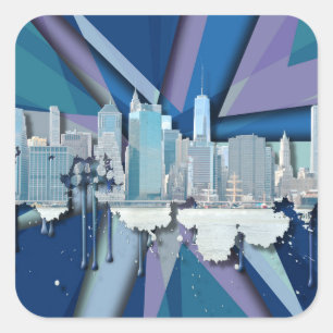 New York City Skyline Blue 3D Square Sticker