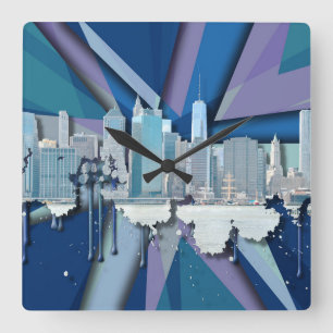 New York City Skyline Blue 3D Square Wall Clock
