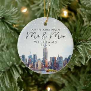 New York City Skyline First Christmas As Mr & Mrs Ceramic Tree Decoration