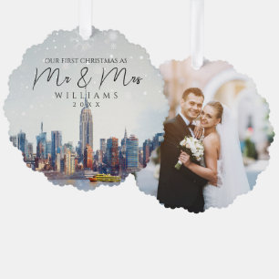 New York City Skyline First Christmas As Mr & Mrs Tree Decoration Card