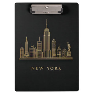 New York City Skyline Gold Line Art Clipboard
