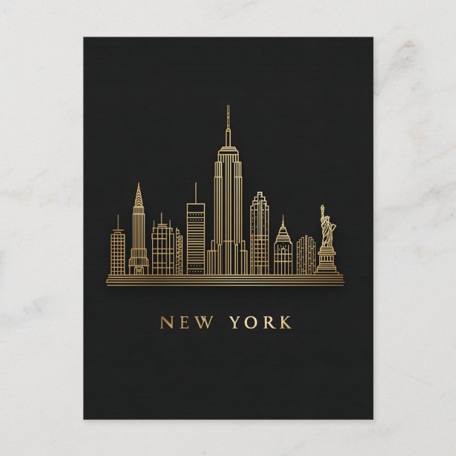 New York City Skyline Gold Line Art Holiday Postcard (Front)