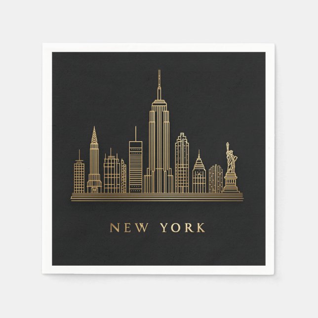 New York City Skyline Gold Line Art Napkin (Front)