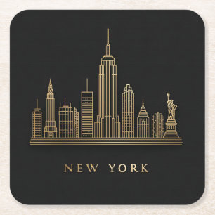 New York City Skyline Gold Line Art Square Paper Coaster