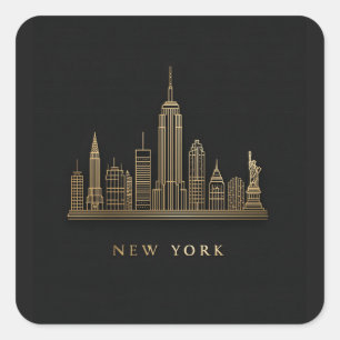 New York City Skyline Gold Line Art Square Sticker