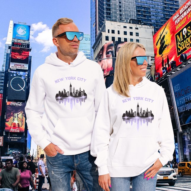New York City Skyline Ladies White And Purple Hoodie (New York City)
