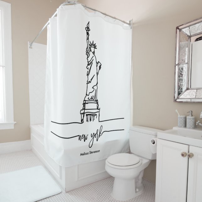 New York City Skyline Lady Liberty Statue Shower Curtain (In Situ)