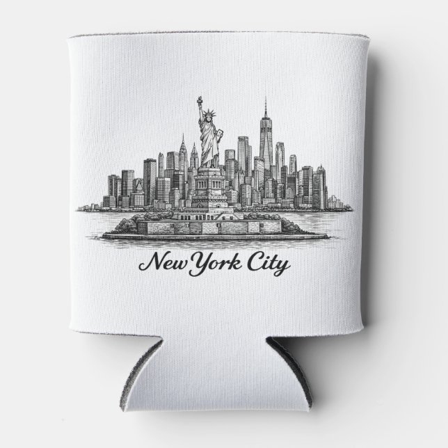 New York City Skyline Line Art Illustration Can Cooler (Front)