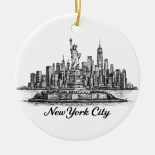 New York City Skyline Line Art Illustration Ceramic Tree Decoration
