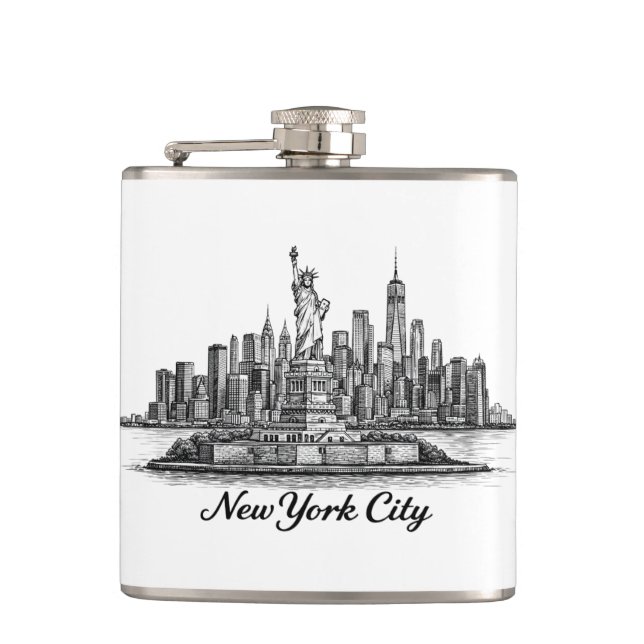 New York City Skyline Line Art Illustration Hip Flask (Front)