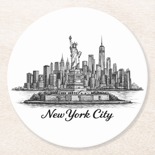 New York City Skyline Line Art Illustration Round Paper Coaster (Front)