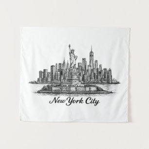 New York City Skyline Line Art Illustration Tapestry