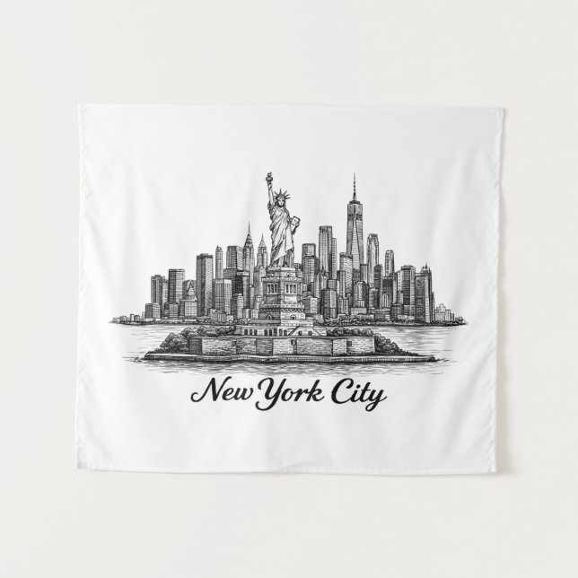New York City Skyline Line Art Illustration Tapestry (Front (Horizontal))