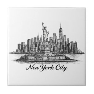 New York City Skyline Line Art Illustration Tile