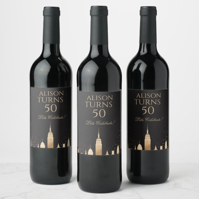 New York City Skyline Party Supplies Black & Gold Wine Label (Bottles)