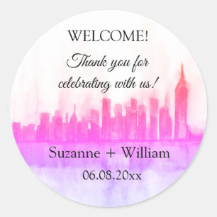 NEW YORK CITY skyline pink Favours Weddings Classi Classic Round Sticker
