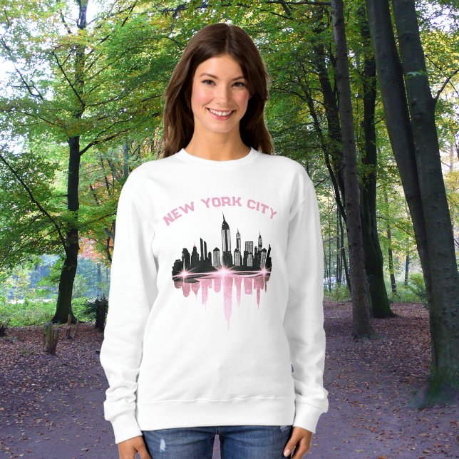 New York City Skyline Pink Shimmer White Sweatshirt (Walking In Nature)