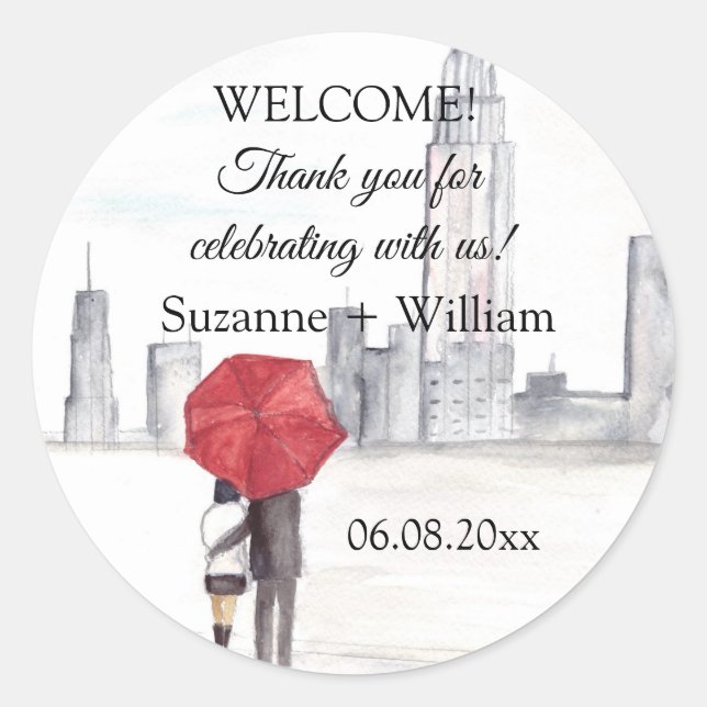 NEW YORK CITY skyline Red Umbrella Favours Wedding Classic Round Sticker (Front)