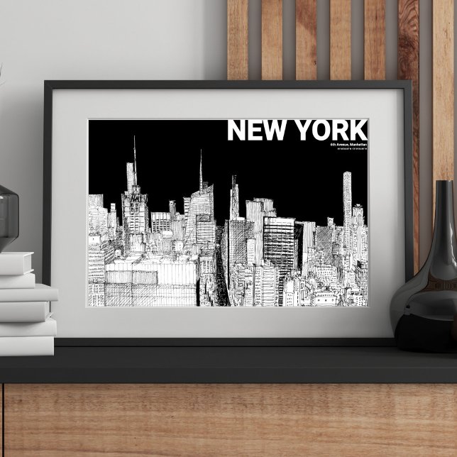 New York City Skyline Sketch Black White Mate Poster (New York City Skyline Black White Sketch Mate Poster)