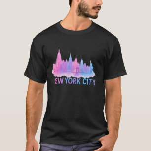 New York City Skyline Watercolor Art – Neon Bridge T-Shirt