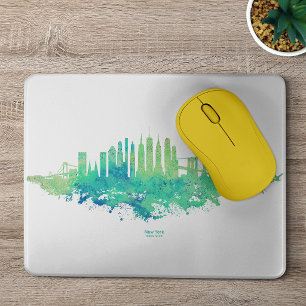 New York City Skyline Watercolor in blue and green Mouse Pad