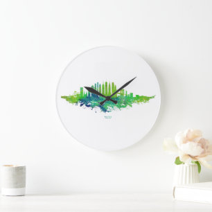 New York City Skyline Watercolor in blue and lime Large Clock