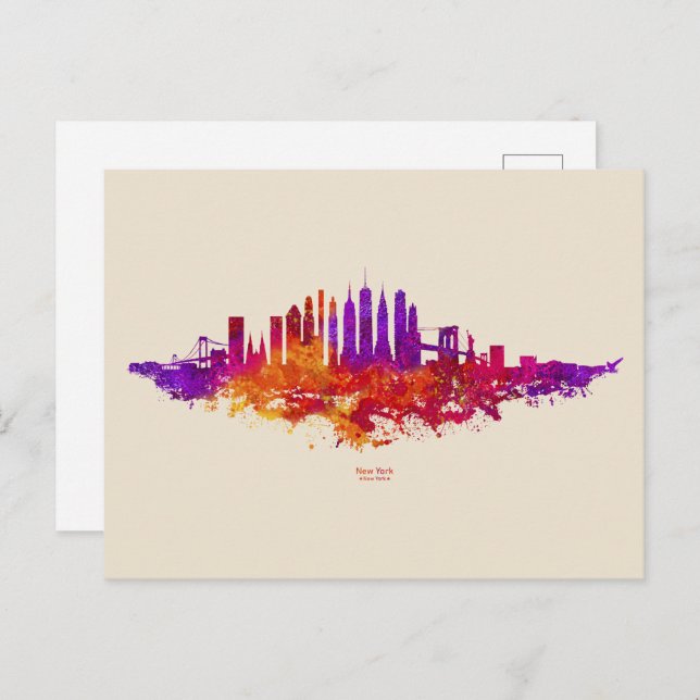 New York City Skyline Watercolor on White Postcard (Front/Back)