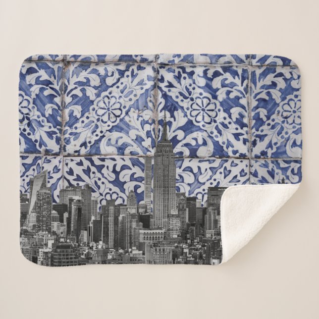 New York City Skyscrapers Meet Portuguese Tiles Sherpa Blanket (Front (Horizontal))
