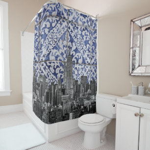 New York City Skyscrapers Meet Portuguese Tiles Shower Curtain