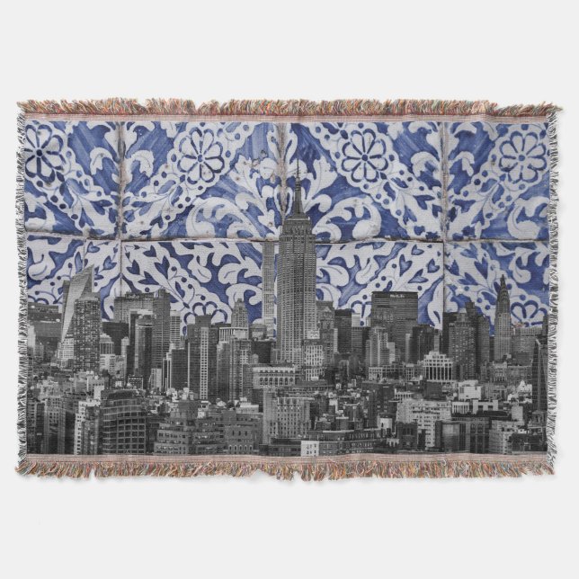New York City Skyscrapers Meet Portuguese Tiles Throw Blanket (Front)