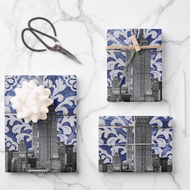 New York City Skyscrapers Meet Portuguese Tiles Wrapping Paper Sheet (Front)