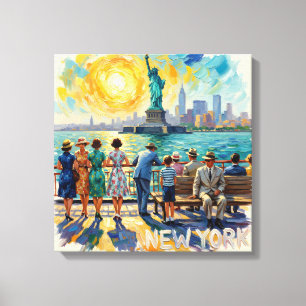 New York City Statue Liberty Vintage Stretched Can Canvas Print
