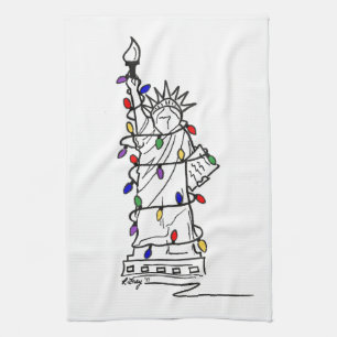 New York City Statue of Liberty Christmas Lights Tea Towel