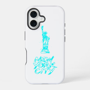 New York City Statue of Liberty Neon Cyan Brush iPhone 16 Case