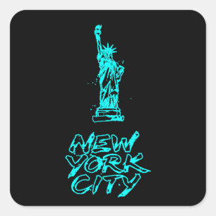 New York City Statue of Liberty Neon Cyan Brush Square Sticker