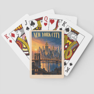 New York City Sunset Illustration Travel Art Retro Playing Cards