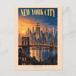 New York City Sunset Illustration Travel Art Retro Postcard