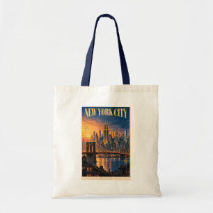 New York City Sunset Illustration Travel Art Retro Tote Bag
