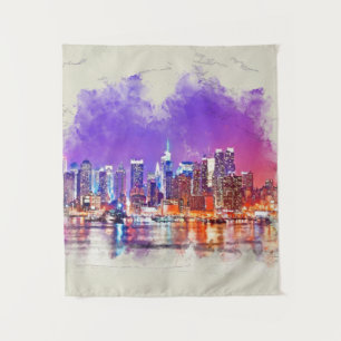 New York City Sunset - mixed media Tapestry