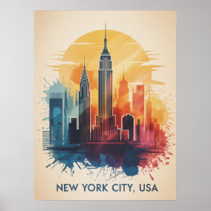 New York City Sunset Skyline Splash Poster