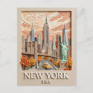 New York City Vintage 3D Textured Skyline Painting Postcard