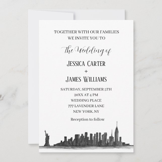 New York City Watercolor Destination Chic Wedding Invitation (Front)