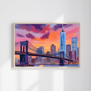 New York City Watercolor Skyline Bridge Painting Poster