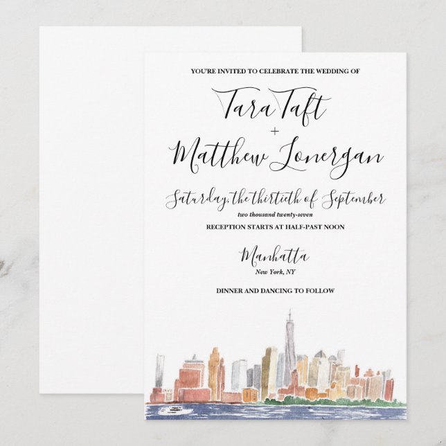 New York City Watercolor Wedding Invitation (Front/Back)