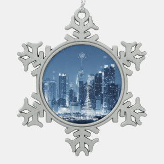 New-York City Winter SkyLine Snowflake Pewter Christmas Ornament