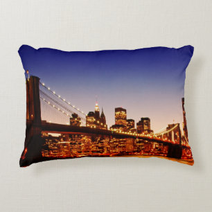 New York cityscape with bridge over river Decorative Cushion