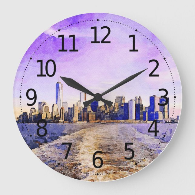 New York Digital Watercolor Scenery Large Clock (Front)
