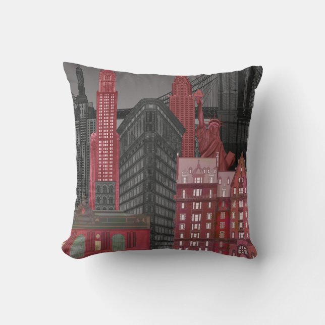 New York Elevations by Night - Red Cushion (Front)
