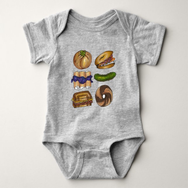 New York Foodie NYC Jewish Deli Pickle Bagel Knish Baby Bodysuit (Front)