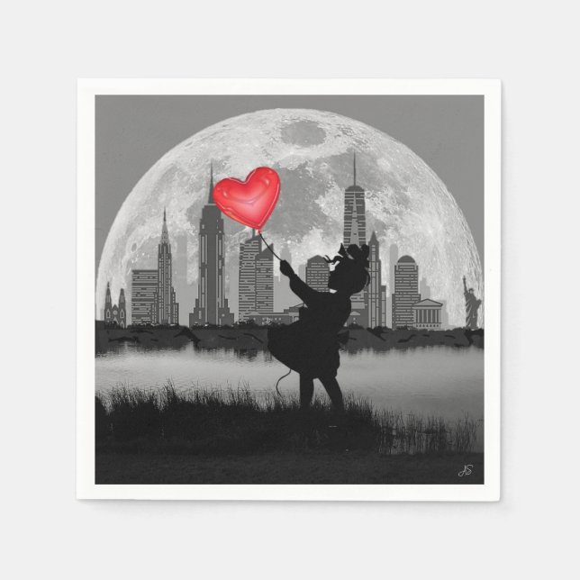 NEW YORK Full Moon Girl Heart Baloon Paper Napkins (Front)